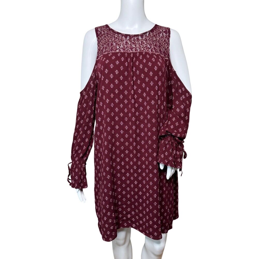 Lucky Brand Dress Womens Large Burgundy White Geometric Boho Bohemian Peasant